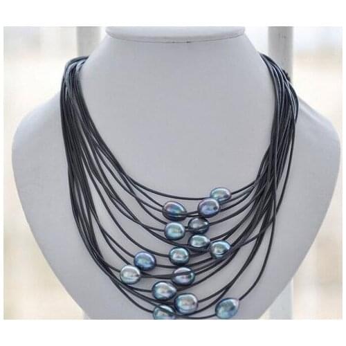 15strands peacock black rice pearl black leather necklace 20inch first shipping