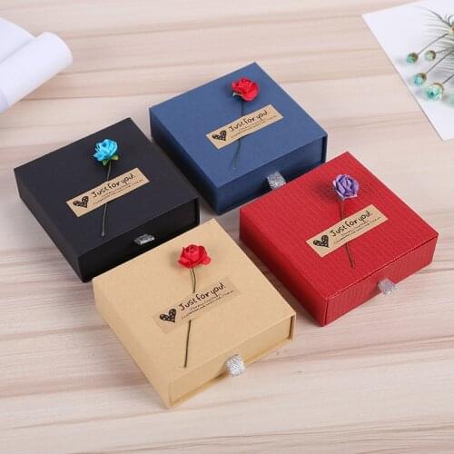 2021 New Red/Blue/Brown/Black Kraft Paper Drawer Jewelry Packaging Box With Black Sponge Bracelet Case Storage Gift Package