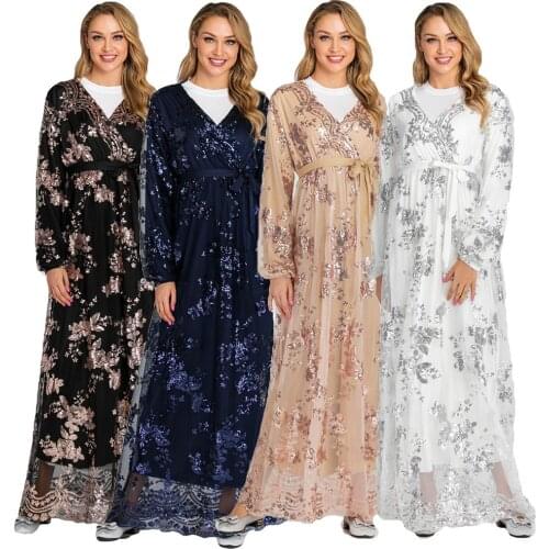 Abaya Dubai Women Long Sleeve Lace Sequins Maxi Dress Muslim Cocktail Kaftan Gown Robe Islam Arab Clothing Dress Luxury Fashion