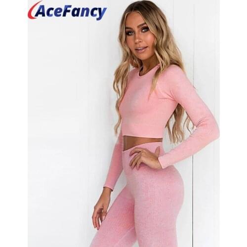 Acefancy Seamless Yoga Set Women Fitness Clothing Long Sleeve Fitness Crop Top Leggings Gym 2116 Sport Suit Women Sportwear
