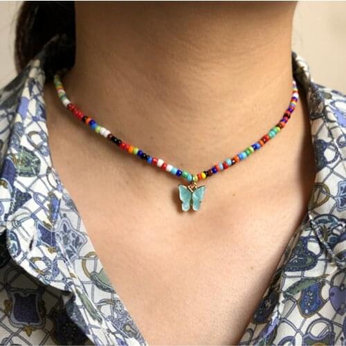 Cute Butterfly Pendant Beaded Choker for Women Short Collar Clavicle Chain Necklace Femme Boho Holiday Beach Fashion J