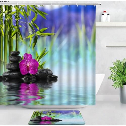 Zen Black Stone Purple Flower Shower Curtains Bathroom Rug Retro Wood Board Garden Scenery Door Pad Non-slip Carpet Bath Mat Set