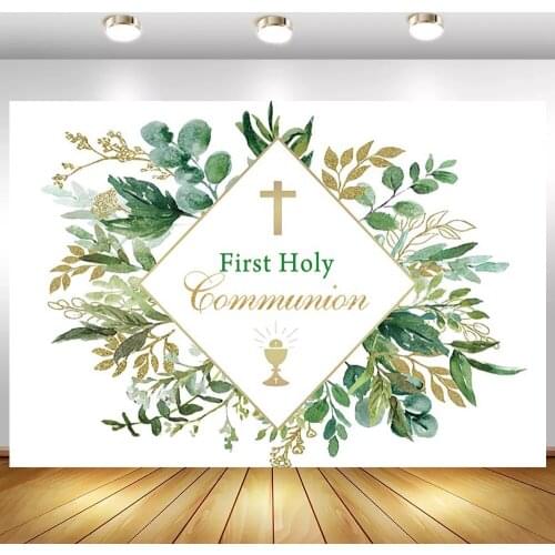 First Holy Communion Photography Backdrops Newborn Girl 1st Birthday Natural Leaves Photo Background Cake Table Decor Banner