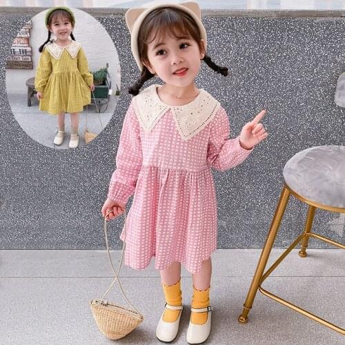 2019 Girl Baby Sweet Lace Plaid Dress Spring Autumn Clothes Girls Kids Long Sleeved Casual Dresses Children Clothes