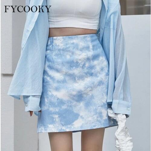Summer New Tie-dye Mini Skirt Women High Waist Slim Blue Skirt Female Korean Fashion Clothing Design Wrap Skirt 2021