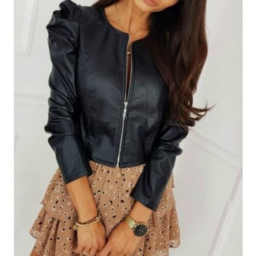 Fashion Streetwear Woman Clothes Long Sleeve PU Leather Coats Ruched Long Sleeve Slim Zipper Outwear Office Lady Womens Jackets