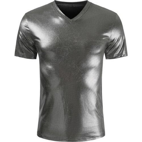 Silver Coated Metallic T Shirt Men Shinny Casual V-Neck Mens T-Shirt Night Club T Shirts Hip Hop Tops Solid Harajuku Streetwear