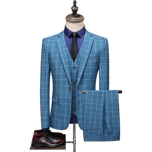 Mens Suit 2020 New 3 Piece set Fashion Blue Plaid print Notched Lapel Tuxedos Groomsmen Men Suits for Wedding(Jacket+Vest+Pants)