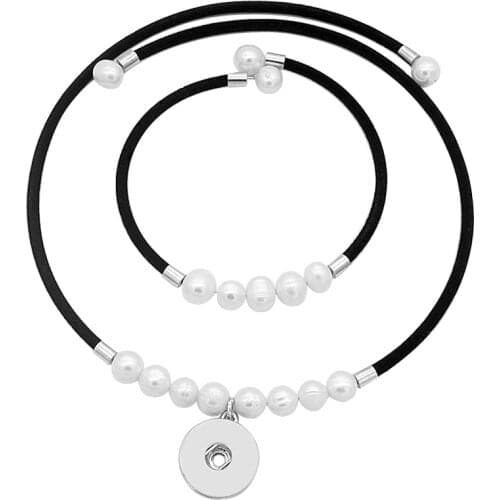 New DJ0150 Beauty Freshwater Pearls Black velvet Collar&bracelet set Snap necklace 50cm fit DIY 18MM snap buttons jewlery