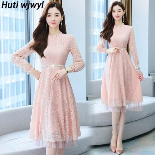 Autumn Winter Pink Fashion Bodycon Elegant Dress Women Black Lace Sexy Club Midi Dress 2021 Office Lady Casual Party Night Dress