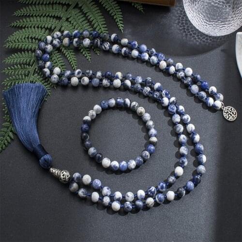 8mm Natural Flower Blue Vein Beaded Knotted Mala Necklace 108Japamala Meditation Yoga Spirit Jewelry Men and Women Rosary