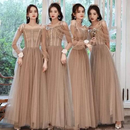 Bridesmaids Dresses Illusion A-Line Full Boat-Neck Button Pleat Spaghetti Straps Floor-Length Lace Women Wedding Party Gown E580