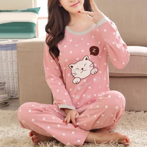 Casual Women Cartoon Animal Print O Neck Top Long Pants Pajamas Sleepwear Set