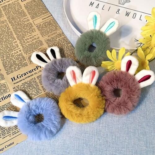 MISANANRYNE Cute Sweet Imitation Rabbit Fur Rabbit Ears Elastic Hair Bands Girls Women Fluffy Hair Rings Plush Hair Accessories