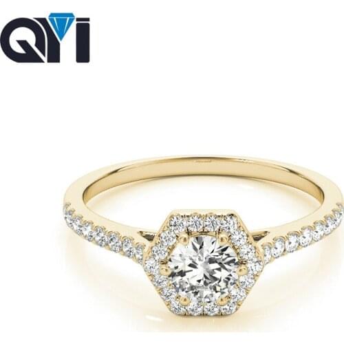 QYI Woman Unique Design Simulated Diamond wedding ring 14k Yellow gold Anniversary Engagement Halo Rings