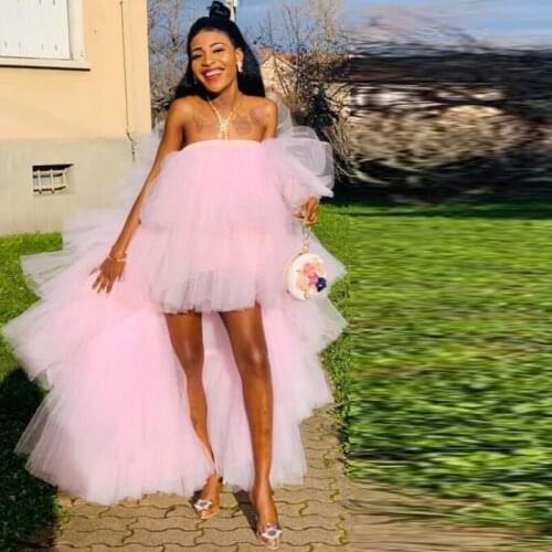 Pink Evening Dress Mesh robe de soiree abiye Tulle Evening Dresses Strapless Off Shoulder Tiered Ruffled Prom Dress High Low