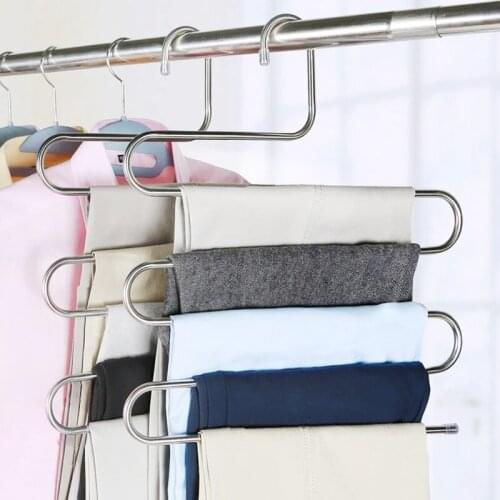 Stainless steel trouser rack 2pcs S-shaped multi-layer wardrobe hanger trouser clip clothing storage magic hanger