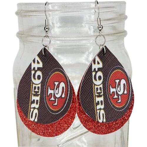 Stock Printed San Francisco Football Fans Faux Leather Earrings Layered Glitter Lightweight Teardrop Earrings Make Your Order
