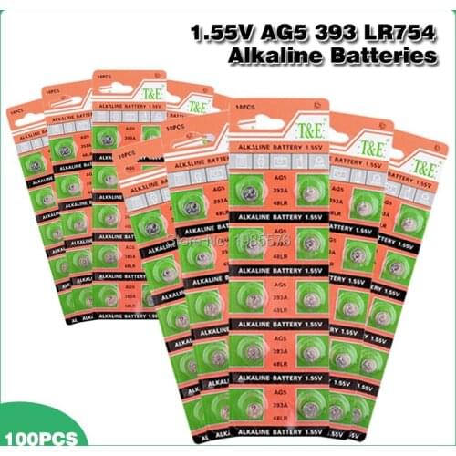 100pcs/pack LR754 393 AG5 Button Battery SR754 193 Cell Coin Alkaline Batteries 1.55V 393A 48LR G5A For Watch Toys Remote