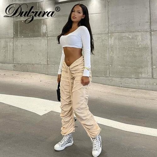 Dulzura 2021 Autumn Winter Women Lace Up Drawstring Solid Stacked Pants Ruched Streetwear Casual Sweatpants Sporty Trousers