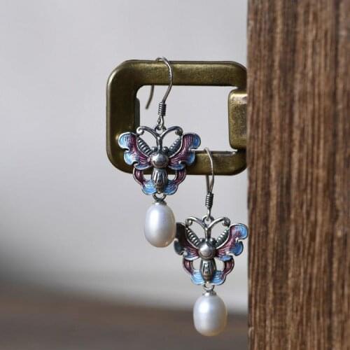 Sterling Silver Elegant Retro Cloisonne Womens Earrings Ethnic Style Handmade Burnt Blue Thai Silver Butterfly Pearl Earrings