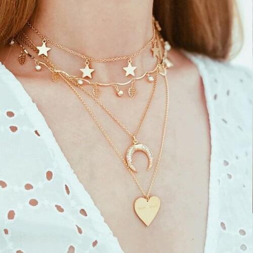Tocona Charm Layering Moon Stars Leaves Hearts Pendant Gold Necklace Fashion Women Neck Chain Crystal Choker bisuteria 2020 8506