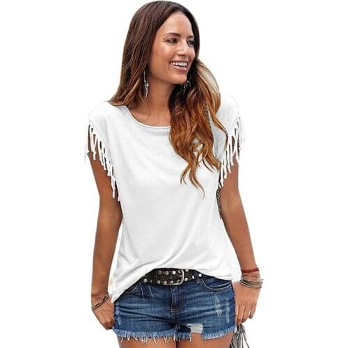 Women Cotton Tassel Casual T-shirt Sleeveless Solid Color Tops Tees Short Sleeve O-neck Womens Clothing T Shirt Hot Sales 2021