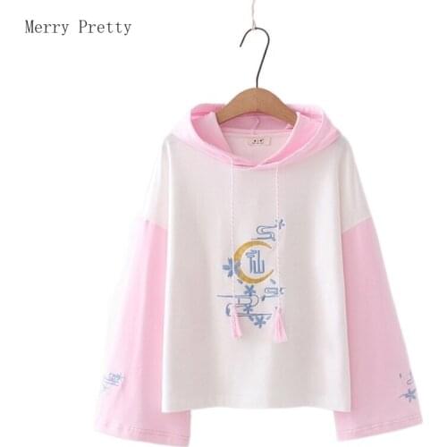 2021 Summer Casual Hooded Sweatshirts Women Long Sleeve Loose Preppy Style Hoodies Chinese Letter EmbroideryTracksuit Tops Lady