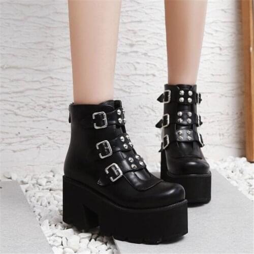 PXELENA Biker Combat Boots Women Platforms Chunky Block High Heel Punk Shoes Gothic Rivet Buckle Ankle Military Large Size 34-45