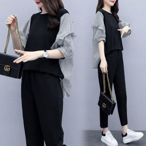 Striped Print Patchwork Tracksuit Women Two Piece Set Summer Fashion Clothes Short Sleeve Top and Pants Suit Casual Womens Sets