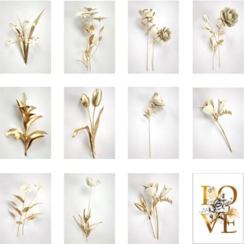Golden White Flowers Nordic Modern Painting Art Canvas Silver Creative Plant Living Room Decoration Mural Posters Pictures