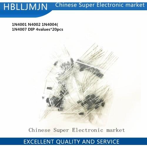 1N4001(1A50V) 1N4002(1A100V) 1N4004(1A400V) 1N4007(1A1200V) 4values*20pcs=80pcs Silicon Rectifiers Assortment kit DO-41