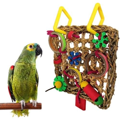 Behogar Funny Woven Seagrass Birds Parrot Foraging Wall Toy Climbing Chewing Hanging Mat Toy for Budgies Parakeets Cockatiels
