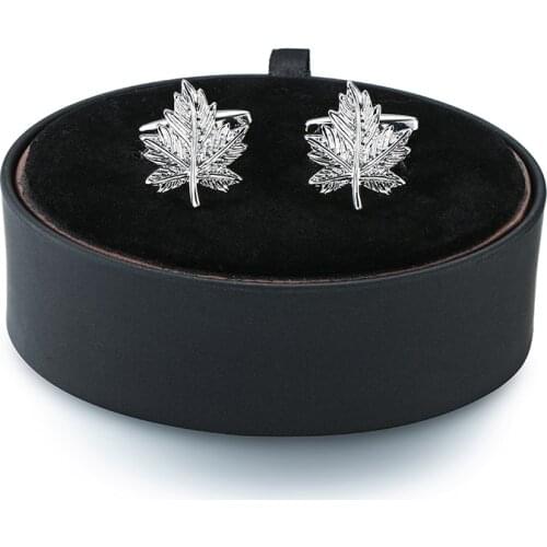 DY New Mens French Cufflinks black leather box set the fashion silvery maple leaf Cufflinks Gift Set FREE SHIPPING