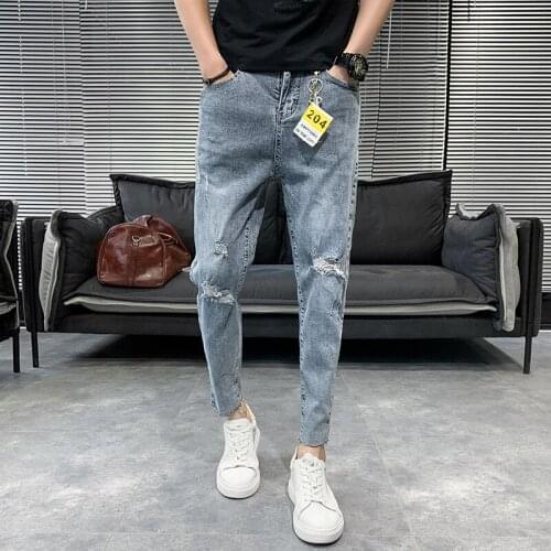 All Match Simple Ankle Length Slim Fit Hole Jeans Men Clothing 2021 Fashion Streetwear Solid Casual Denim Pants Hip Hop 34-28