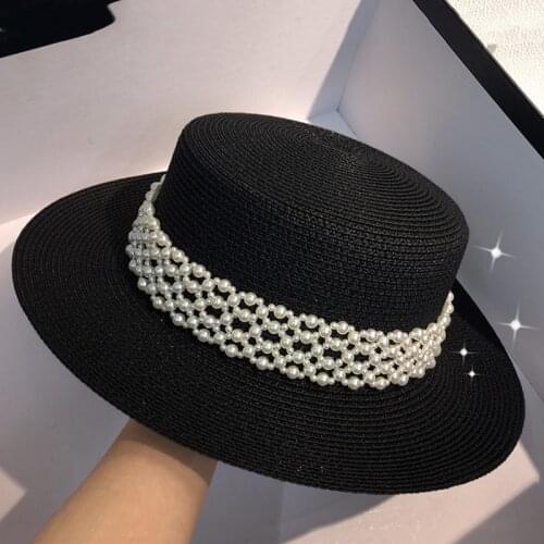 Elegant Handmade Pearls Straw Hat Beach Cap Women Derby Occasion Hat French flat straw hat sun wild flat brim British hat