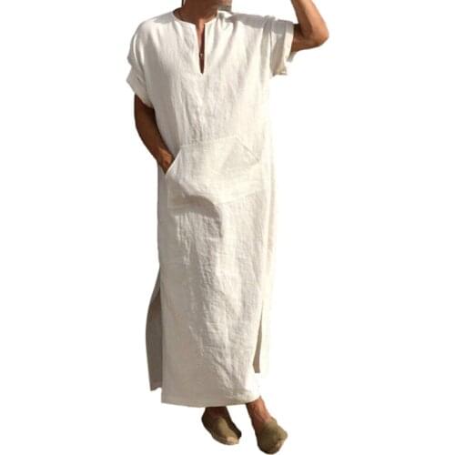 Oversized 5XL Mens Jubba Thobe Men Ethnic Robe with Pocket Cotton Male Short Roll-up Sleeve Solid Color V-neck Kaftan Robe