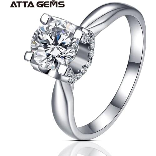 ATTAGEMS 1.0ct 6.5mm D Color Round 18K White Gold Plated 925 Silver Moissanite Ring Diamond Test Passed Jewelry Girlfriend Gift
