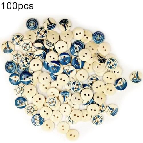 100Pcs Round Sailing Pattern Wooden Buttons DIY Clothes Sewing Scrapbook Decor