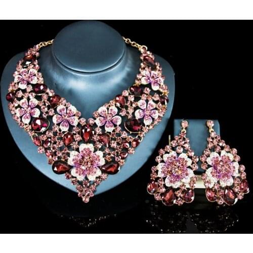 LAN PALACE new necklace jewelry set glass stone wedding flower necklace and earrings for party free shipping