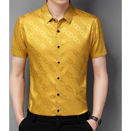 Gold Chain Silk Dress Shirts Mens Work Satin Shirts Burgundy Men Clothing Large Sizes Social Office Smooth Blue Dress Claret Red