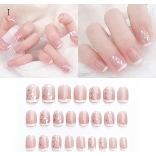 24Pcs contrast Fake Nails French Style Fake Nails tips with Glue Press On Nails Full Cover top forms for nails Art Decoration