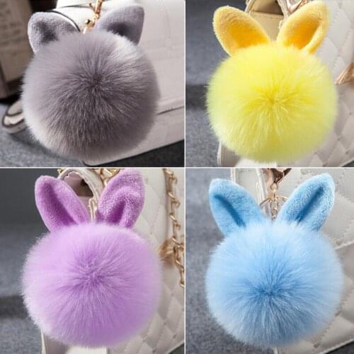 New Cute Fluffy Bunny Toys Ear Keychain Rabbit Ear Key Chain Fur Woman Bag Charms Keyring Pom Pom Car Pendant Pompom