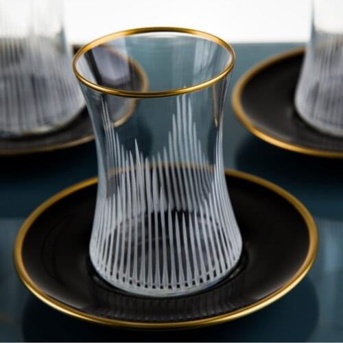 Gold Black Crystal Pyramid 12 Pieces 6 Persons Traditional Glass Turkish Tea Cups Great Quality Made in Turkey