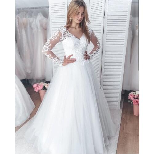 Simple A-Line V Neck Long Sleeve Court Train Bridal Gown Court Train Lace Appliques Elegant Robe De Mariee Bridal Gown