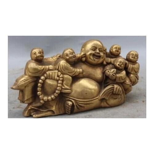 RHS0170 10"Marked Chinese Bronze Brass Five Kids kId Happy Laugh Buddha Hold Bead Statue