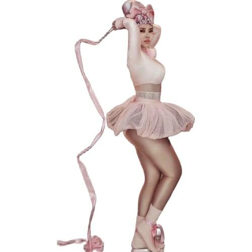 Pink Dancer Outfit Rhinestones Ball Gown Accessories Bodysuit Theatrical Costume For Women Nightclub Performance Stage Wear