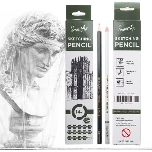 SeamiArt 15Pcs Pencil Set Professional Drawing Sketch Pencil with White Charcoal for Painting Art Supplies Stationery