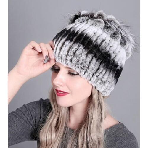 Winter Fur Hats F/ Women Natural Rex Rabbit Cap Russian Female Fur Headgear Warm Beanies Caps Fox Fur Kniting Hat W/ Ear Protec