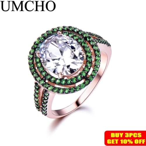 UMCHO S925 Sterling Silver Cubic Zircon Inlay Emerald Ring Genuine Fine Jewelry For Women